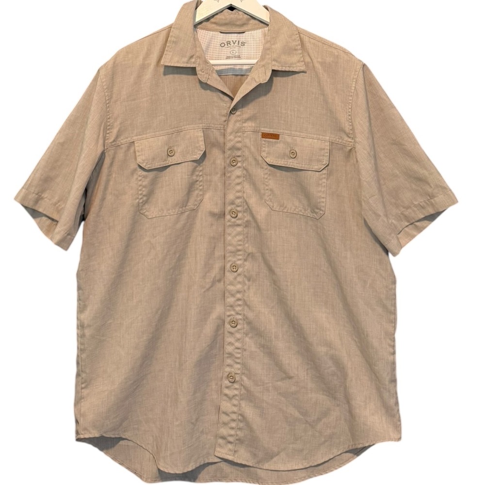 Orvis Mens Large Tan Khaki Short‎ Sleeve Button Down Fishing Hiking Shirt L